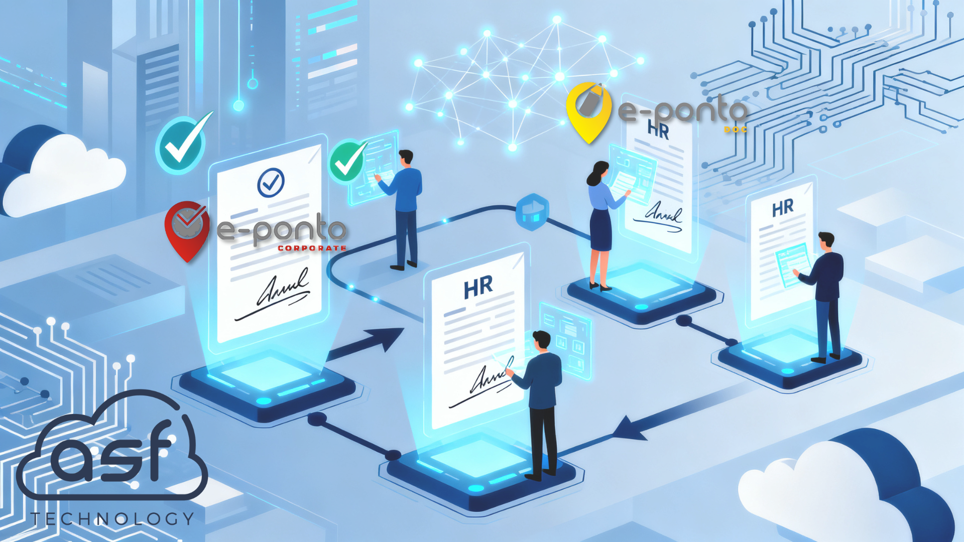 Ilustração do ecossistema E-Ponto Corporate e E-Ponto DOC integrados, mostrando fluxo de assinatura digital e gestão documental.