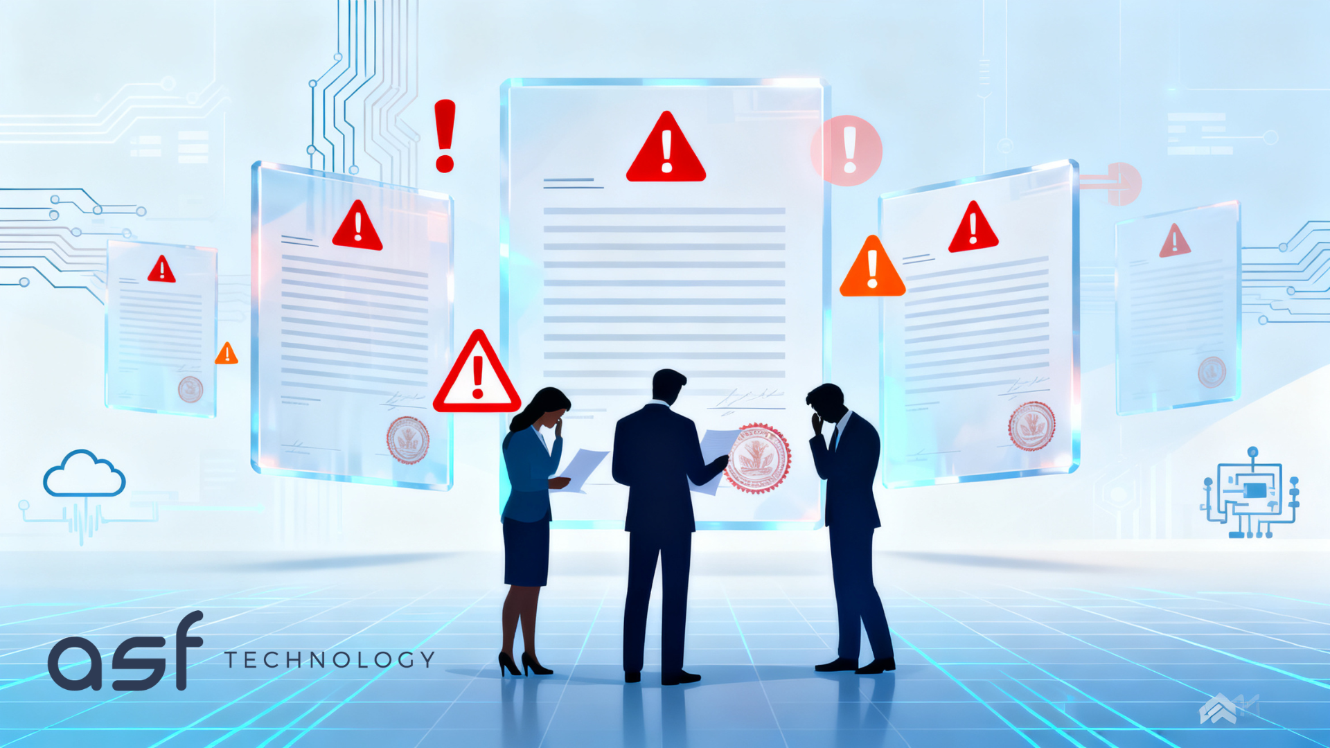 Ilustração de documentos jurídicos com alertas de risco, representando processos trabalhistas por falta de evidências.