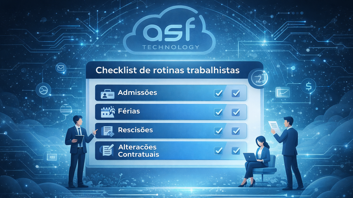 Checklist de rotinas trabalhistas organizadas por categoria (admissões, férias, rescisões e alterações contratuais)